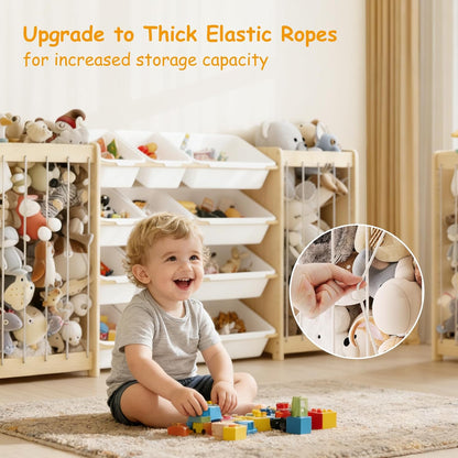 Kids Toy Storage Organizer, 2-in-1 Stuffed Animal Storage & Toy Organizer w/12 Bins, Solid Wood Toy Rack Featuring Thicker Elastic Ropes to Hold Toys, Playroom Nursery Bedroom Storage, White