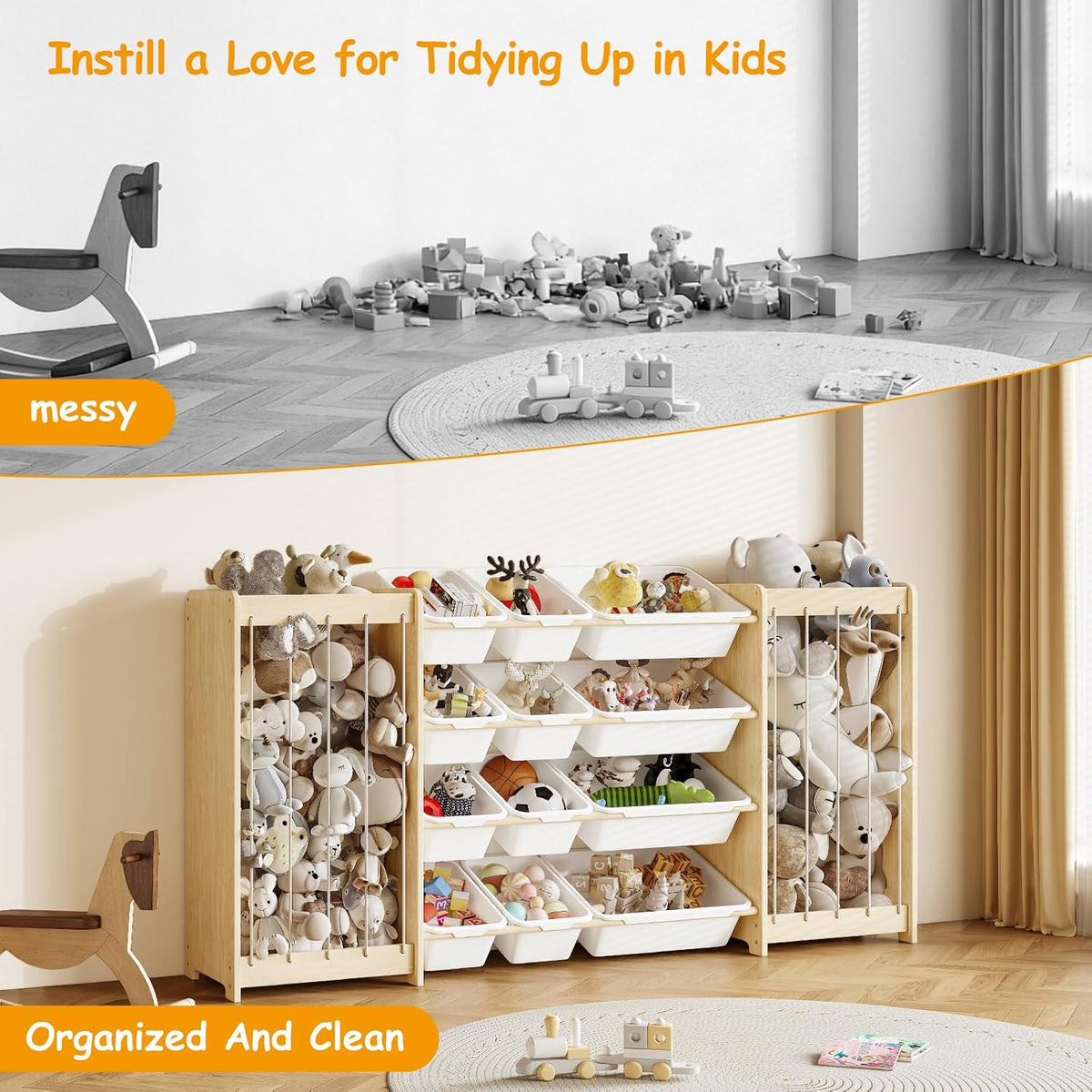 Kids Toy Storage Organizer, 2-in-1 Stuffed Animal Storage & Toy Organizer w/12 Bins, Solid Wood Toy Rack Featuring Thicker Elastic Ropes to Hold Toys, Playroom Nursery Bedroom Storage, White