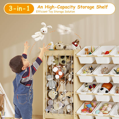 Kids Toy Storage Organizer, 2-in-1 Stuffed Animal Storage & Toy Organizer w/12 Bins, Solid Wood Toy Rack Featuring Thicker Elastic Ropes to Hold Toys, Playroom Nursery Bedroom Storage, White