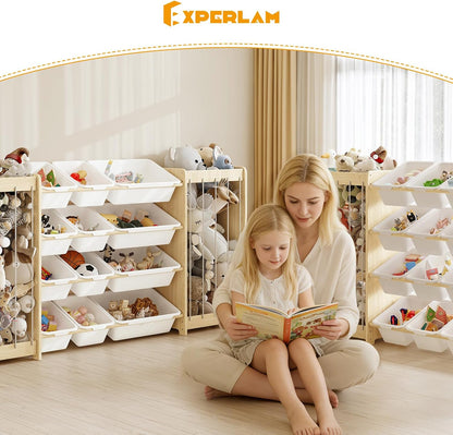 Kids Toy Storage Organizer, 2-in-1 Stuffed Animal Storage & Toy Organizer w/12 Bins, Solid Wood Toy Rack Featuring Thicker Elastic Ropes to Hold Toys, Playroom Nursery Bedroom Storage, White