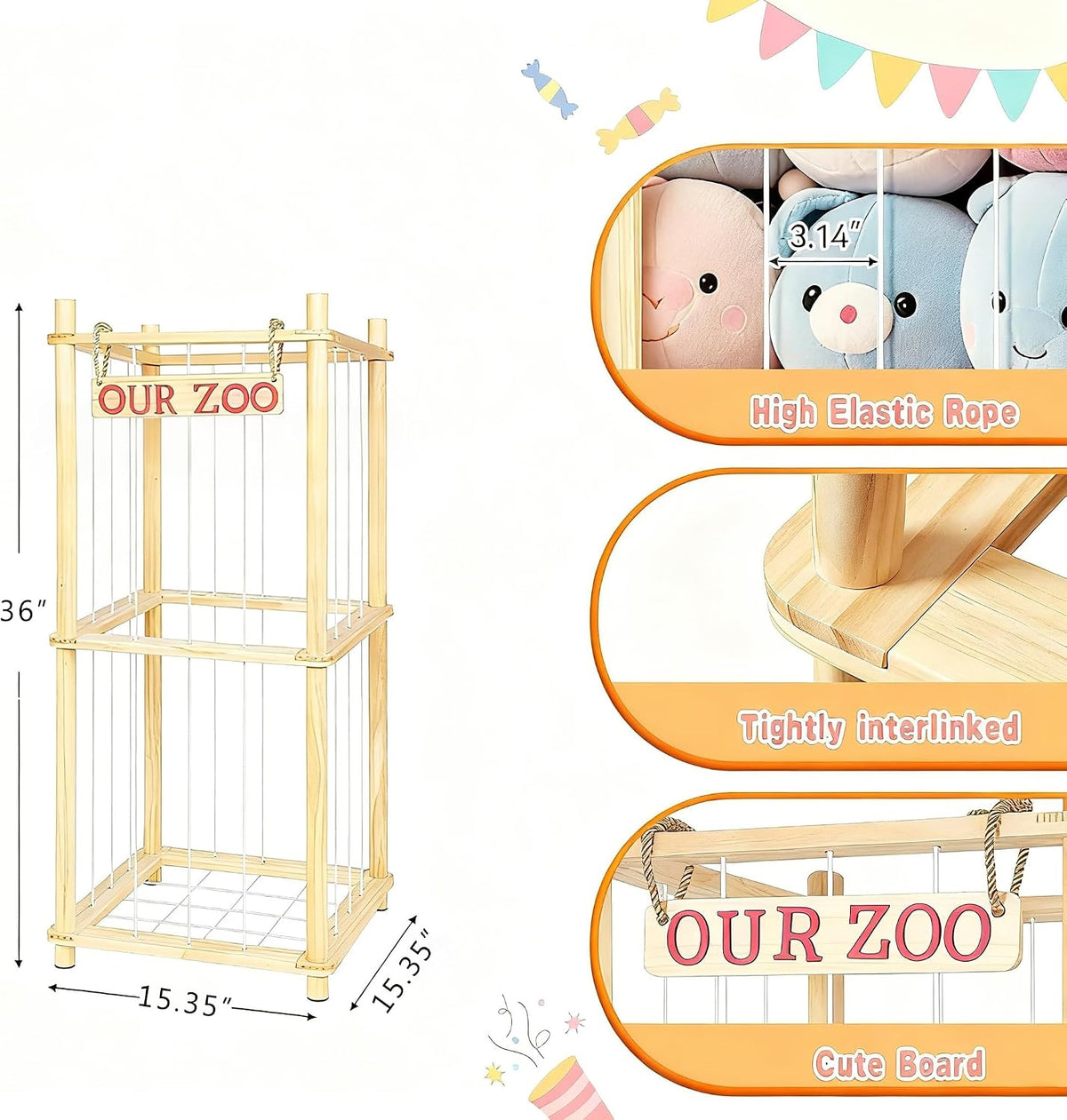 Stuffed Animal Storage - Tall Natural Pine Wood Stuffed Animal Zoo Storage with Elastic Cords, Space-Saving Plushie Playhouse for Nursery, Playroom, Kids Bedroom