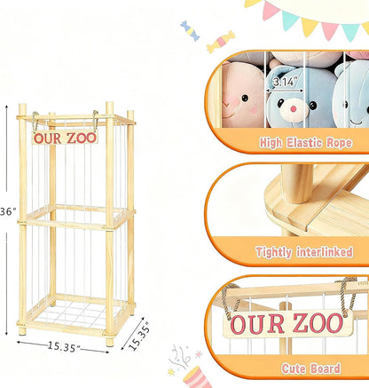 Stuffed Animal Storage - Tall Natural Pine Wood Stuffed Animal Zoo Storage with Elastic Cords, Space-Saving Plushie Playhouse for Nursery, Playroom, Kids Bedroom