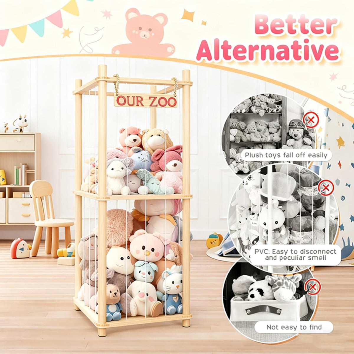 Stuffed Animal Storage - Tall Natural Pine Wood Stuffed Animal Zoo Storage with Elastic Cords, Space-Saving Plushie Playhouse for Nursery, Playroom, Kids Bedroom