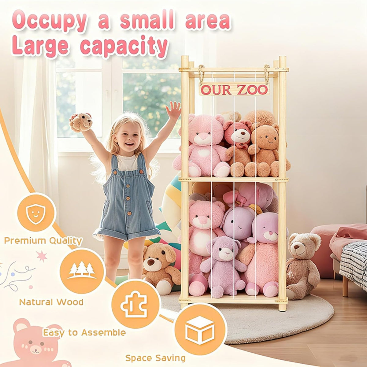Stuffed Animal Storage - Tall Natural Pine Wood Stuffed Animal Zoo Storage with Elastic Cords, Space-Saving Plushie Playhouse for Nursery, Playroom, Kids Bedroom