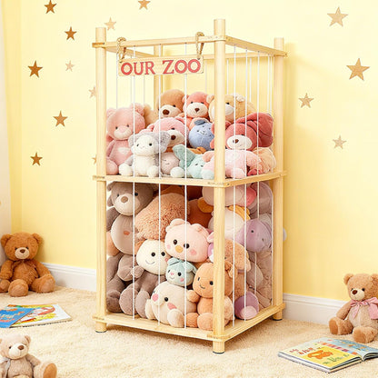 Stuffed Animal Storage - Tall Natural Pine Wood Stuffed Animal Zoo Storage with Elastic Cords, Space-Saving Plushie Playhouse for Nursery, Playroom, Kids Bedroom