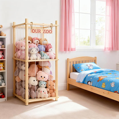 Stuffed Animal Storage - Tall Natural Pine Wood Stuffed Animal Zoo Storage with Elastic Cords, Space-Saving Plushie Playhouse for Nursery, Playroom, Kids Bedroom