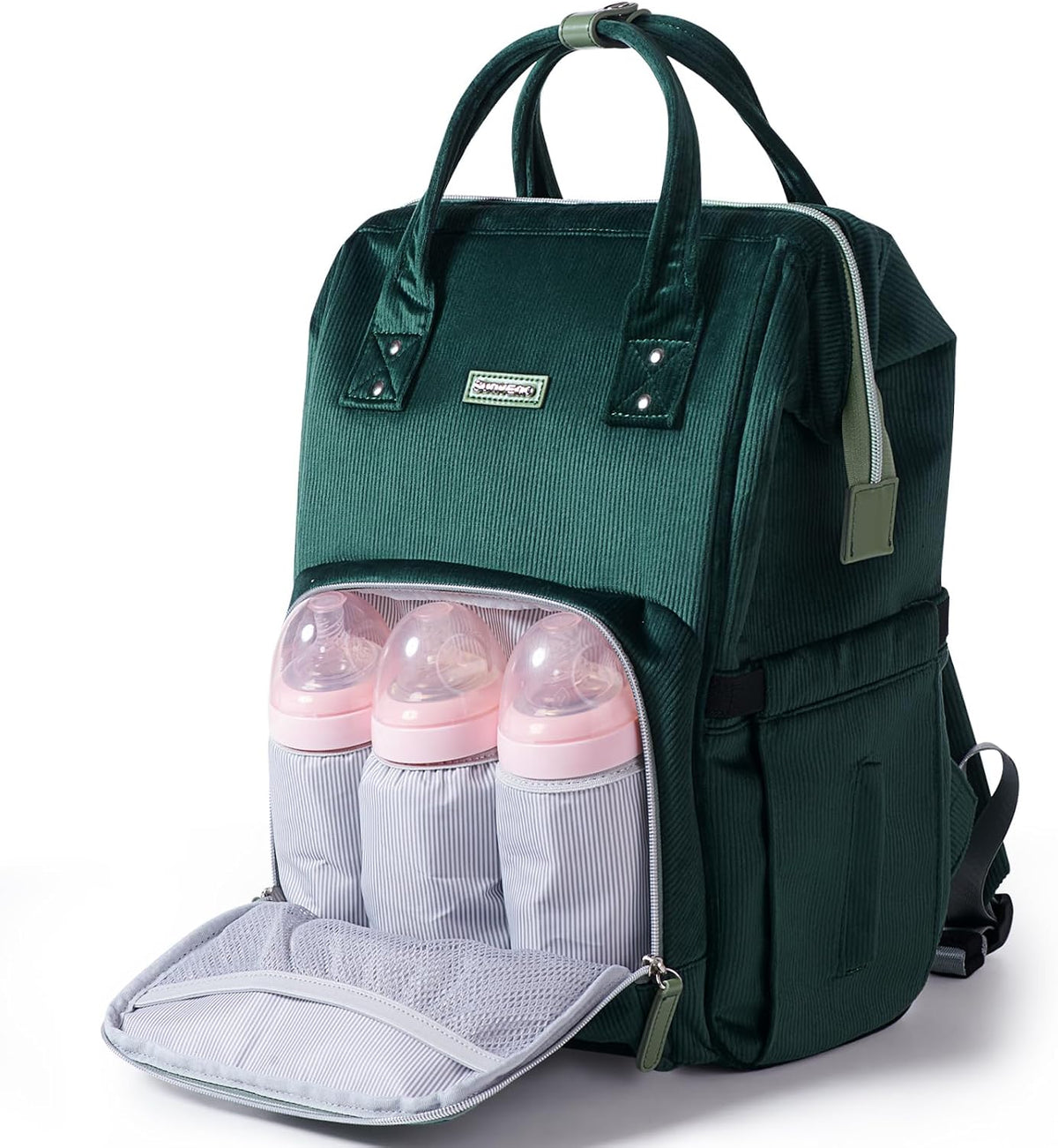 Velvet Stitching Diaper Bag Backpack Large Capacity Tote Shoulder Nappy Bag Organizer for Baby Care with Insulated Pockets,Waterproof Fabric, Grey