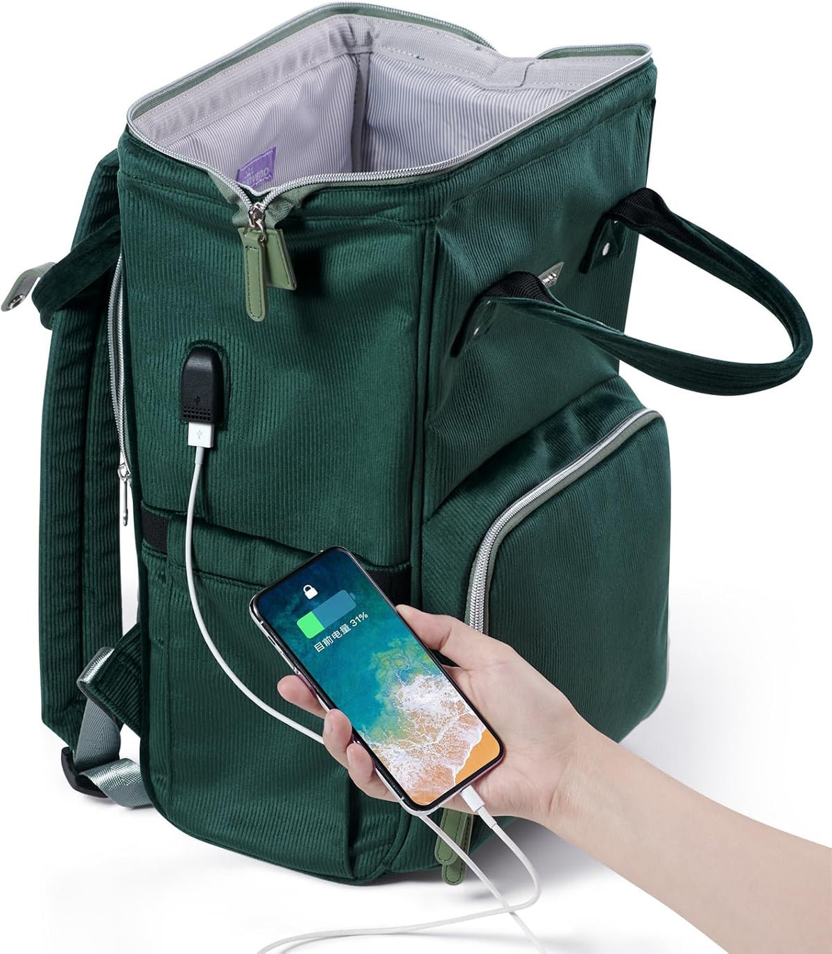 Velvet Stitching Diaper Bag Backpack Large Capacity Tote Shoulder Nappy Bag Organizer for Baby Care with Insulated Pockets,Waterproof Fabric, Grey