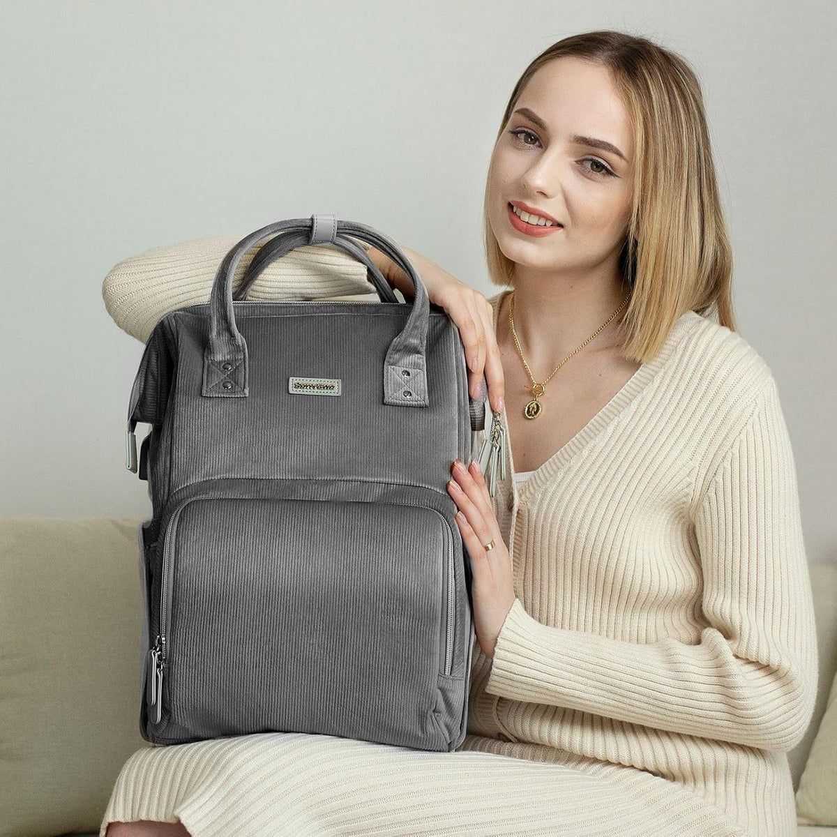 Velvet Stitching Diaper Bag Backpack Large Capacity Tote Shoulder Nappy Bag Organizer for Baby Care with Insulated Pockets,Waterproof Fabric, Grey