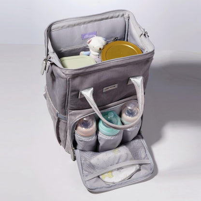 Velvet Stitching Diaper Bag Backpack Large Capacity Tote Shoulder Nappy Bag Organizer for Baby Care with Insulated Pockets,Waterproof Fabric, Grey