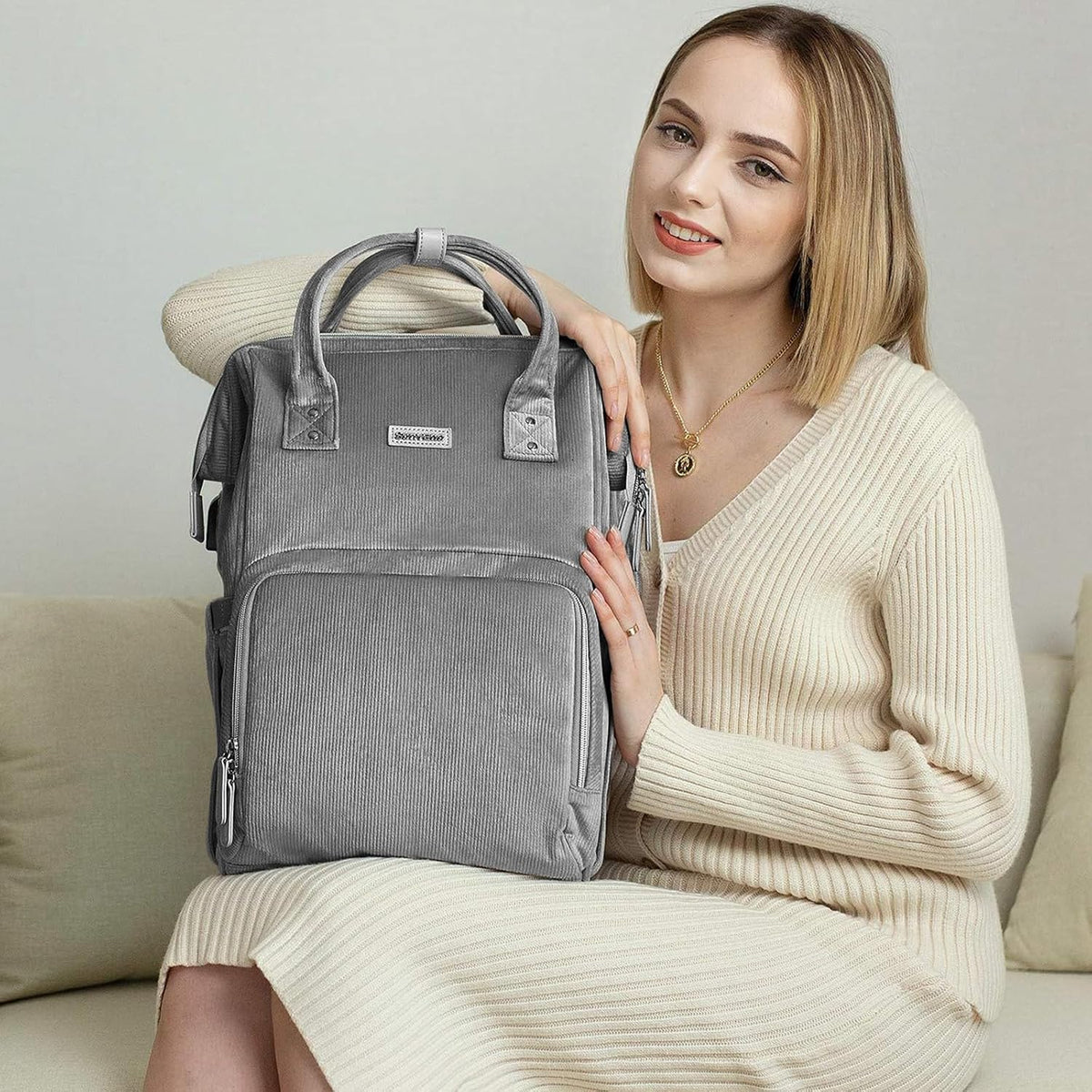 Velvet Stitching Diaper Bag Backpack Large Capacity Tote Shoulder Nappy Bag Organizer for Baby Care with Insulated Pockets,Waterproof Fabric, Grey