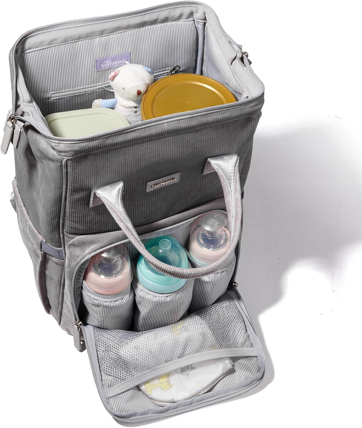 Velvet Stitching Diaper Bag Backpack Large Capacity Tote Shoulder Nappy Bag Organizer for Baby Care with Insulated Pockets,Waterproof Fabric, Grey