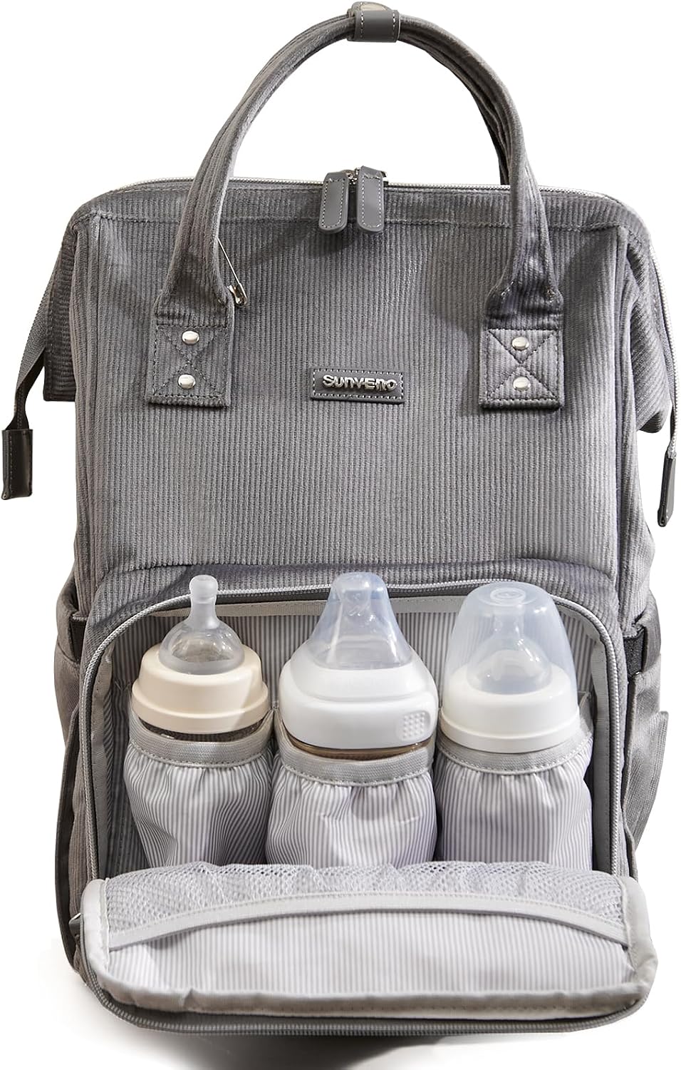 Velvet Stitching Diaper Bag Backpack Large Capacity Tote Shoulder Nappy Bag Organizer for Baby Care with Insulated Pockets,Waterproof Fabric, Grey