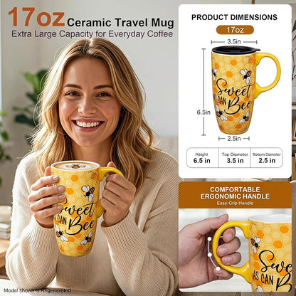 17oz Ceramic Travel Mug with Lid, Great Wave Coffee Mug | 17oz Ceramic Travel Mug • Great Wave Design • Spill-Resistant Lid • Microwave & Dishwasher Safe • Gift Box