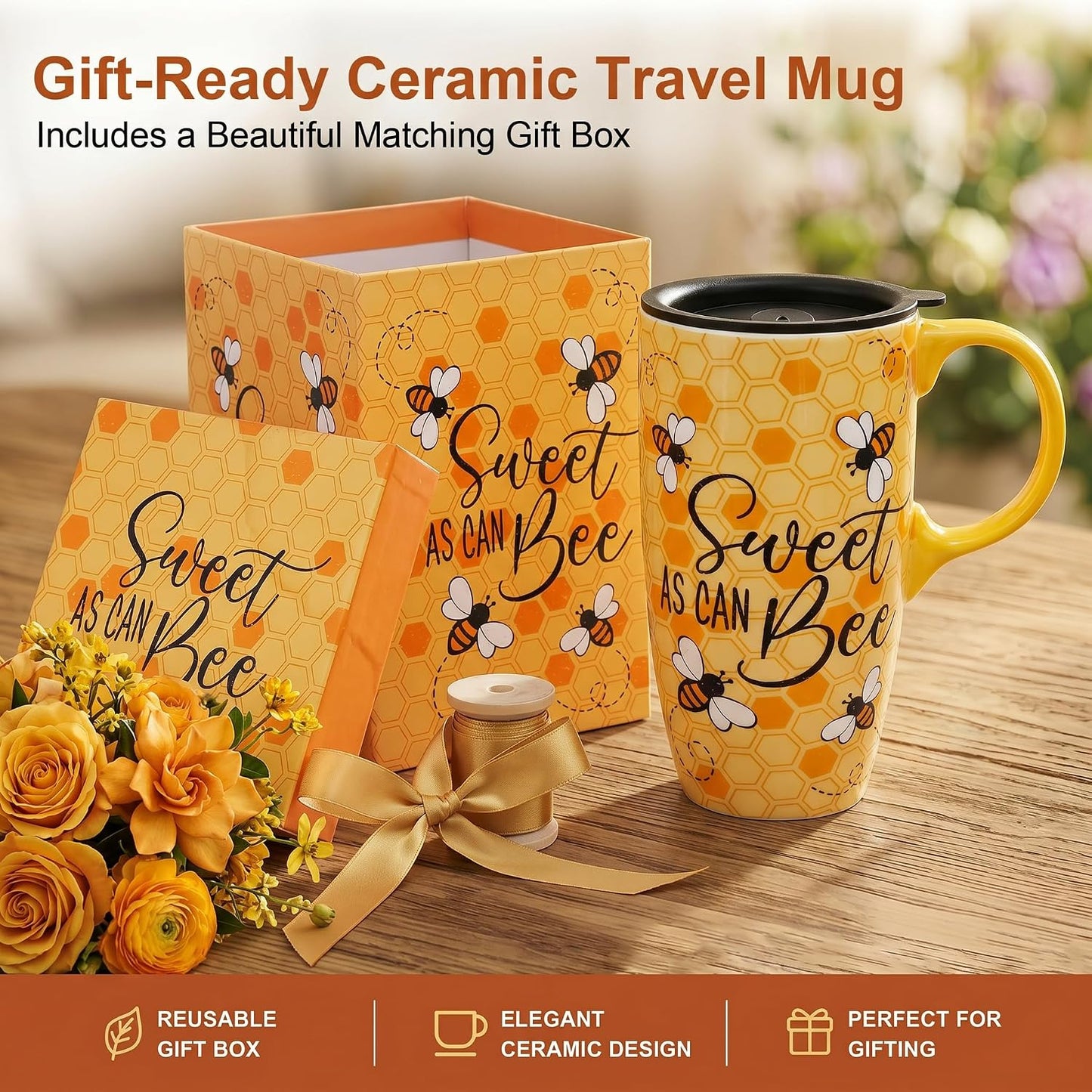 17oz Ceramic Travel Mug with Lid, Great Wave Coffee Mug | 17oz Ceramic Travel Mug • Great Wave Design • Spill-Resistant Lid • Microwave & Dishwasher Safe • Gift Box