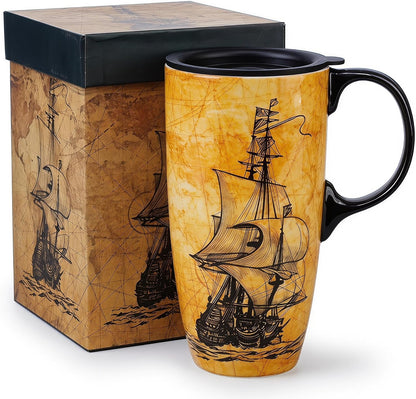 17oz Ceramic Travel Mug with Lid, Great Wave Coffee Mug | 17oz Ceramic Travel Mug • Great Wave Design • Spill-Resistant Lid • Microwave & Dishwasher Safe • Gift Box