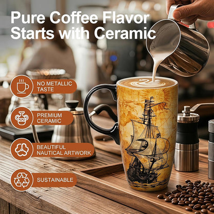 17oz Ceramic Travel Mug with Lid, Great Wave Coffee Mug | 17oz Ceramic Travel Mug • Great Wave Design • Spill-Resistant Lid • Microwave & Dishwasher Safe • Gift Box