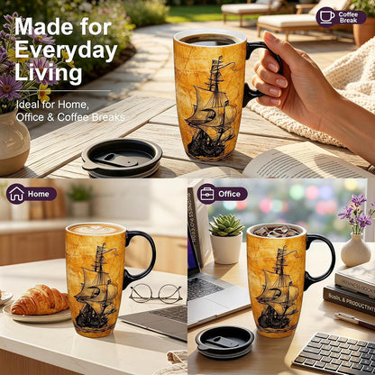 17oz Ceramic Travel Mug with Lid, Great Wave Coffee Mug | 17oz Ceramic Travel Mug • Great Wave Design • Spill-Resistant Lid • Microwave & Dishwasher Safe • Gift Box