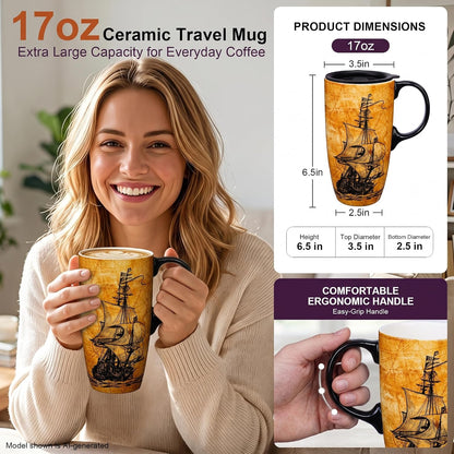 17oz Ceramic Travel Mug with Lid, Great Wave Coffee Mug | 17oz Ceramic Travel Mug • Great Wave Design • Spill-Resistant Lid • Microwave & Dishwasher Safe • Gift Box