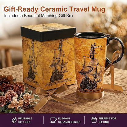 17oz Ceramic Travel Mug with Lid, Great Wave Coffee Mug | 17oz Ceramic Travel Mug • Great Wave Design • Spill-Resistant Lid • Microwave & Dishwasher Safe • Gift Box