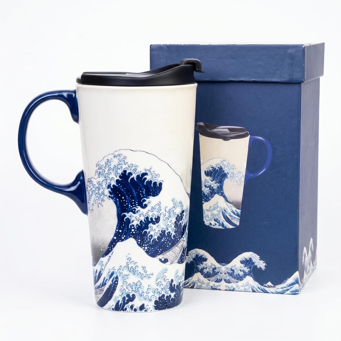 17oz Ceramic Travel Mug with Lid, Great Wave Coffee Mug | 17oz Ceramic Travel Mug • Great Wave Design • Spill-Resistant Lid • Microwave & Dishwasher Safe • Gift Box