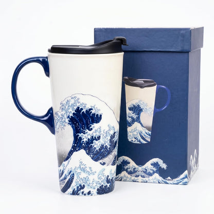 17oz Ceramic Travel Mug with Lid, Great Wave Coffee Mug | 17oz Ceramic Travel Mug • Great Wave Design • Spill-Resistant Lid • Microwave & Dishwasher Safe • Gift Box