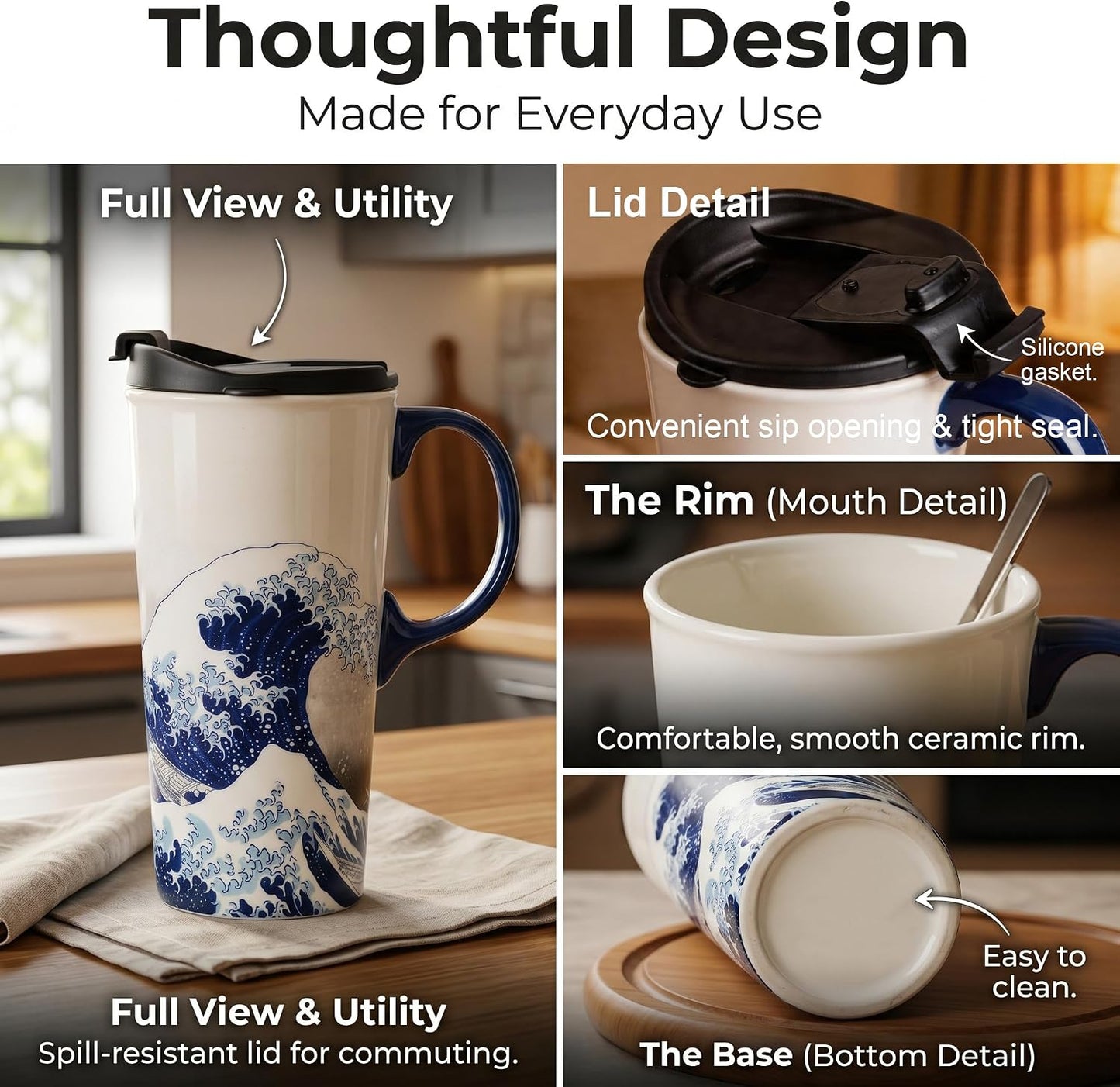 17oz Ceramic Travel Mug with Lid, Great Wave Coffee Mug | 17oz Ceramic Travel Mug • Great Wave Design • Spill-Resistant Lid • Microwave & Dishwasher Safe • Gift Box