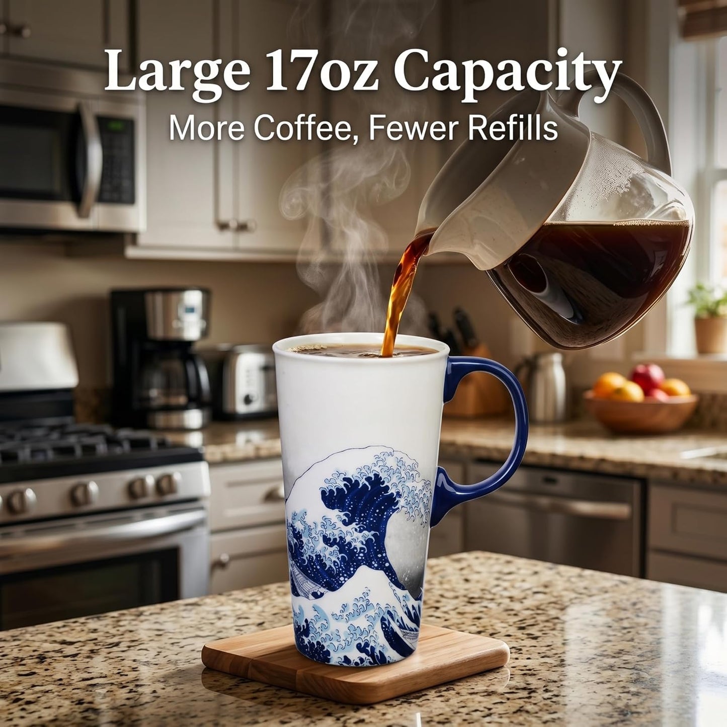 17oz Ceramic Travel Mug with Lid, Great Wave Coffee Mug | 17oz Ceramic Travel Mug • Great Wave Design • Spill-Resistant Lid • Microwave & Dishwasher Safe • Gift Box