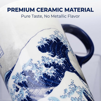 17oz Ceramic Travel Mug with Lid, Great Wave Coffee Mug | 17oz Ceramic Travel Mug • Great Wave Design • Spill-Resistant Lid • Microwave & Dishwasher Safe • Gift Box
