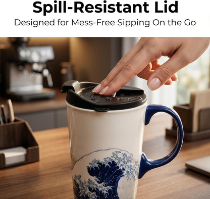 17oz Ceramic Travel Mug with Lid, Great Wave Coffee Mug | 17oz Ceramic Travel Mug • Great Wave Design • Spill-Resistant Lid • Microwave & Dishwasher Safe • Gift Box