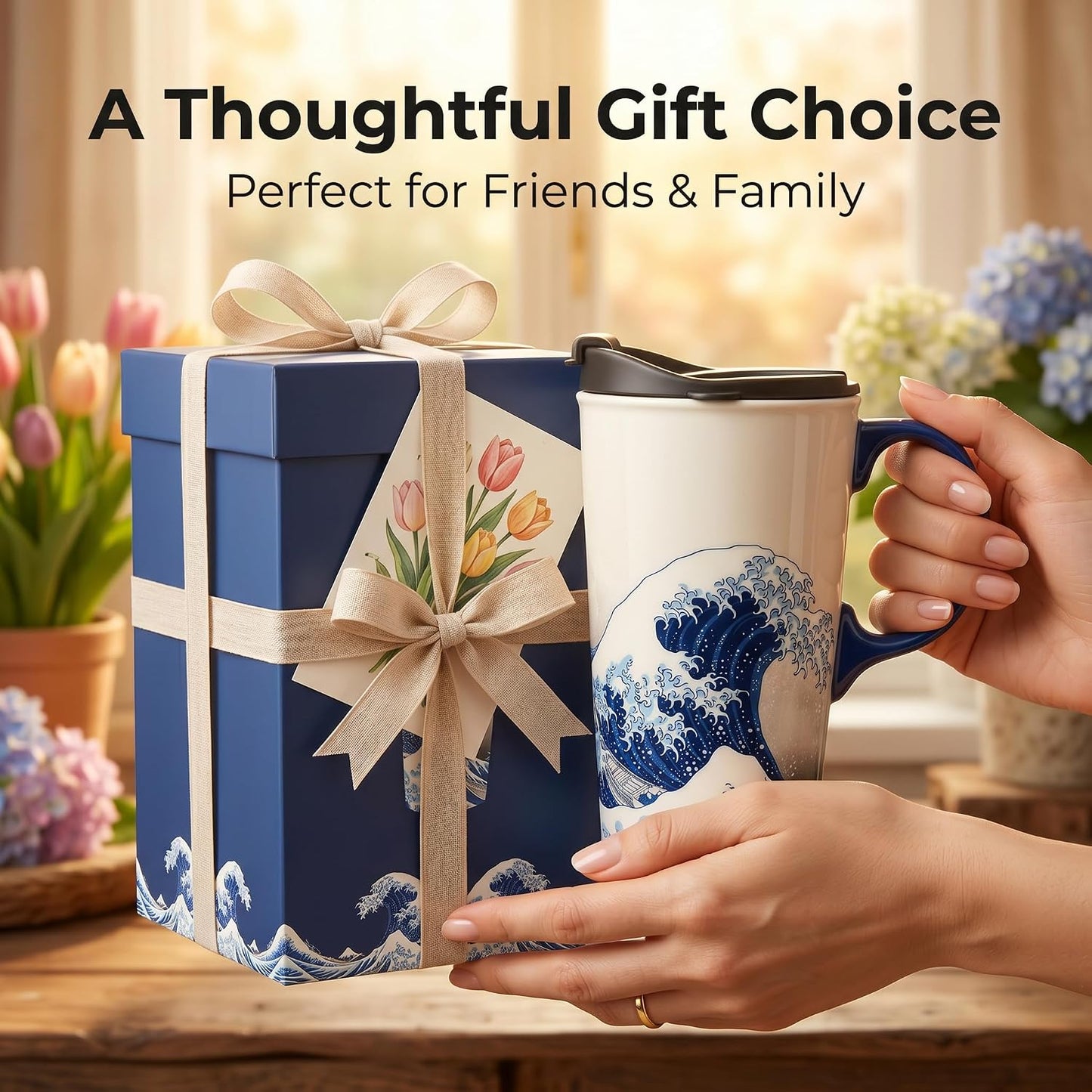 17oz Ceramic Travel Mug with Lid, Great Wave Coffee Mug | 17oz Ceramic Travel Mug • Great Wave Design • Spill-Resistant Lid • Microwave & Dishwasher Safe • Gift Box