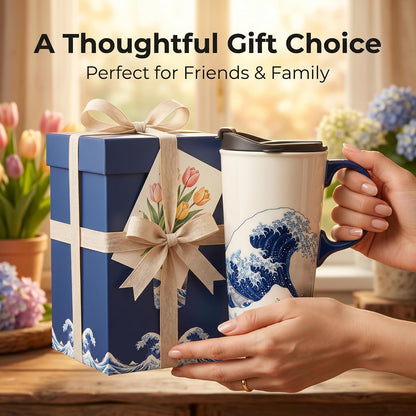 17oz Ceramic Travel Mug with Lid, Great Wave Coffee Mug | 17oz Ceramic Travel Mug • Great Wave Design • Spill-Resistant Lid • Microwave & Dishwasher Safe • Gift Box