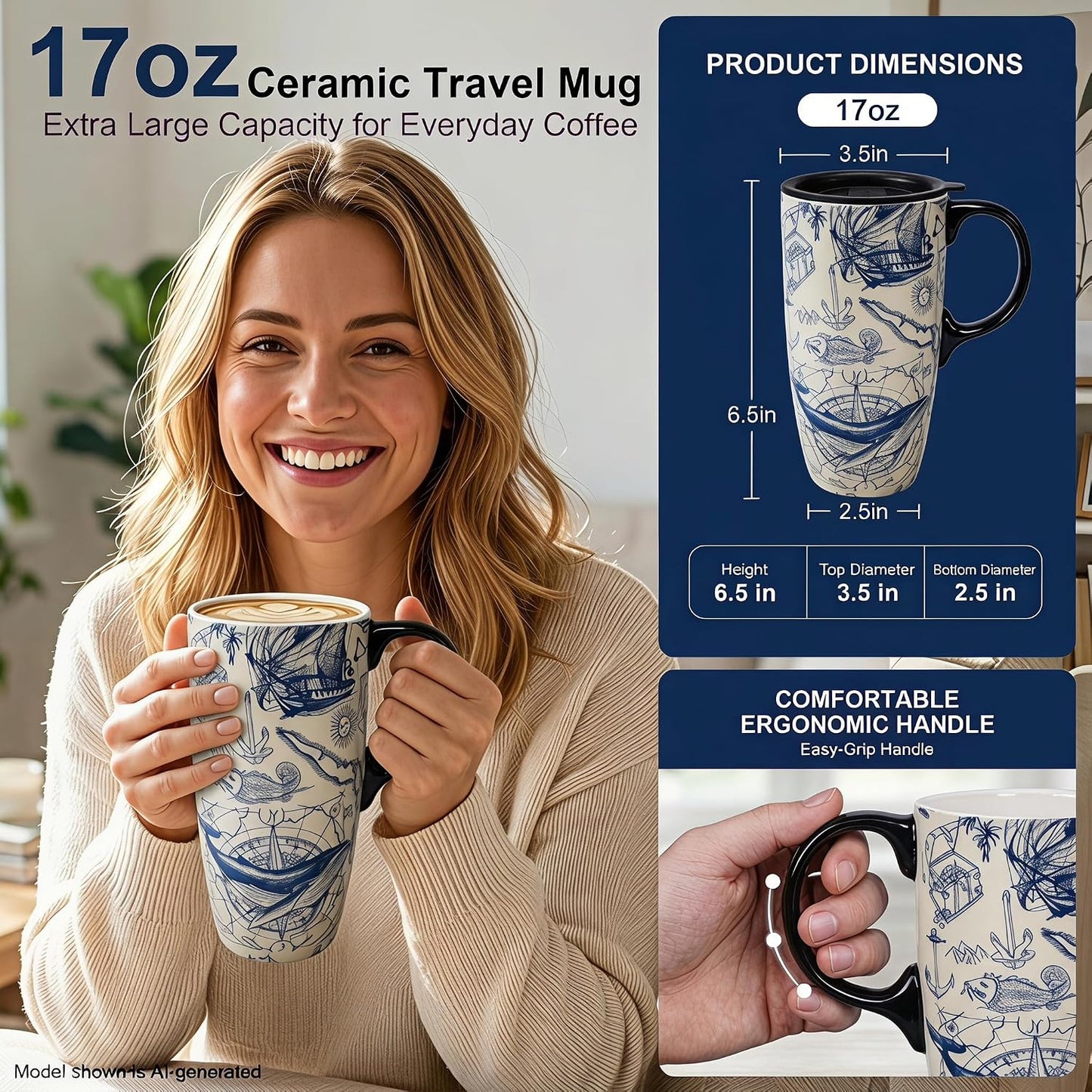 17oz Ceramic Travel Mug with Lid, Great Wave Coffee Mug | 17oz Ceramic Travel Mug • Great Wave Design • Spill-Resistant Lid • Microwave & Dishwasher Safe • Gift Box
