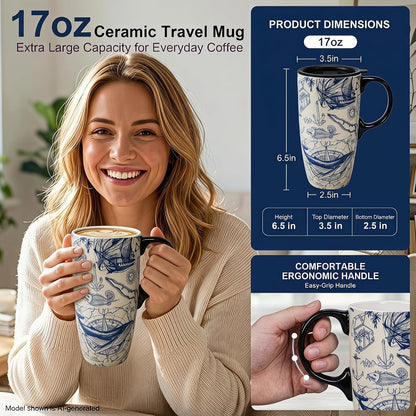 17oz Ceramic Travel Mug with Lid, Great Wave Coffee Mug | 17oz Ceramic Travel Mug • Great Wave Design • Spill-Resistant Lid • Microwave & Dishwasher Safe • Gift Box