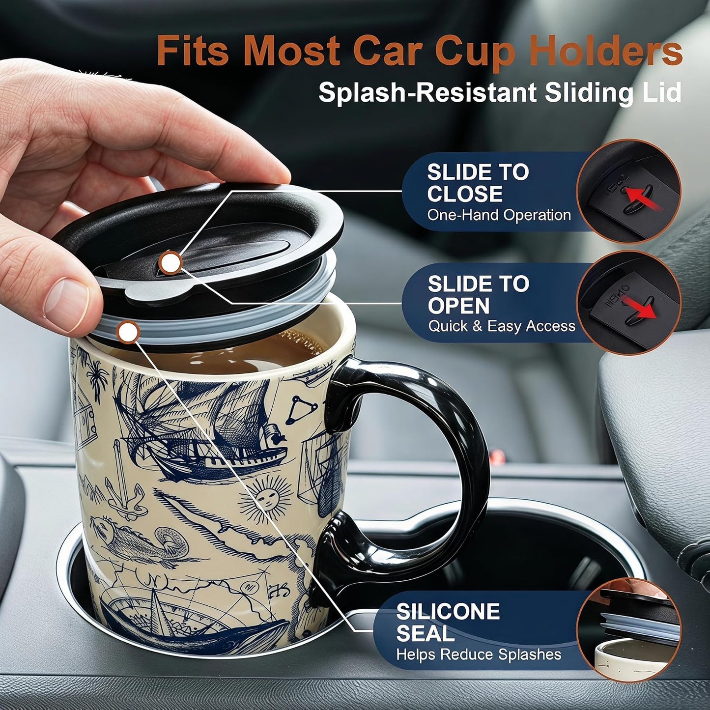 17oz Ceramic Travel Mug with Lid, Great Wave Coffee Mug | 17oz Ceramic Travel Mug • Great Wave Design • Spill-Resistant Lid • Microwave & Dishwasher Safe • Gift Box