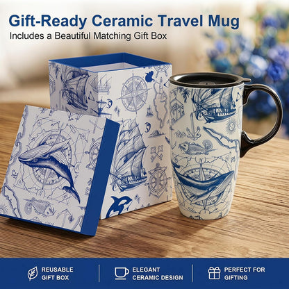 17oz Ceramic Travel Mug with Lid, Great Wave Coffee Mug | 17oz Ceramic Travel Mug • Great Wave Design • Spill-Resistant Lid • Microwave & Dishwasher Safe • Gift Box