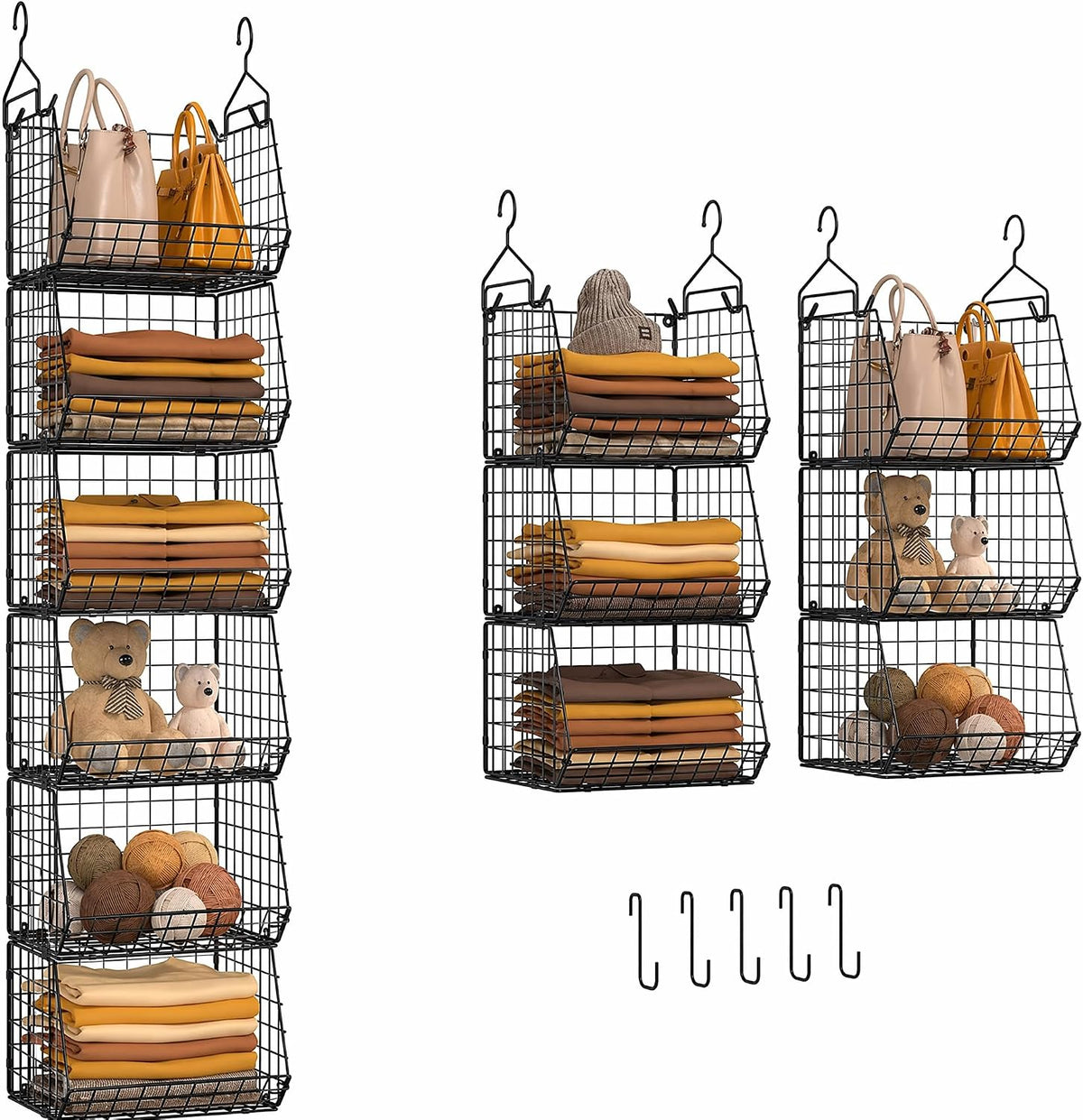 6 Tier Closet Hanging Organizer, Clothes Hanging Shelves with 4 Hanging Hooks 5 S Hooks, Wire Storage Basket Bins, for Clothing Sweaters Shoes Handbags Clutches Accessories Patent Design-Black
