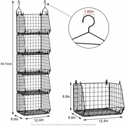 6 Tier Closet Hanging Organizer, Clothes Hanging Shelves with 4 Hanging Hooks 5 S Hooks, Wire Storage Basket Bins, for Clothing Sweaters Shoes Handbags Clutches Accessories Patent Design-Black