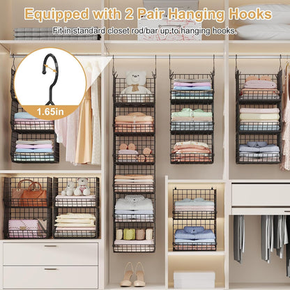 6 Tier Closet Hanging Organizer, Clothes Hanging Shelves with 4 Hanging Hooks 5 S Hooks, Wire Storage Basket Bins, for Clothing Sweaters Shoes Handbags Clutches Accessories Patent Design-Black