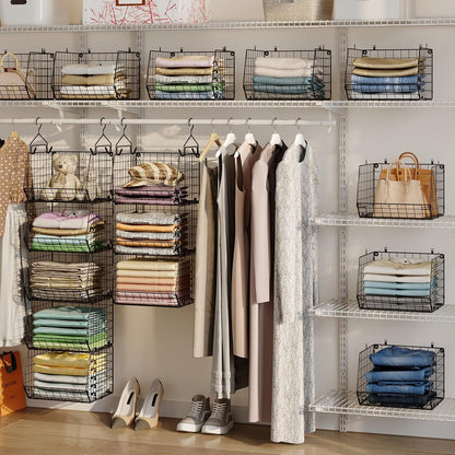 6 Tier Closet Hanging Organizer, Clothes Hanging Shelves with 4 Hanging Hooks 5 S Hooks, Wire Storage Basket Bins, for Clothing Sweaters Shoes Handbags Clutches Accessories Patent Design-Black