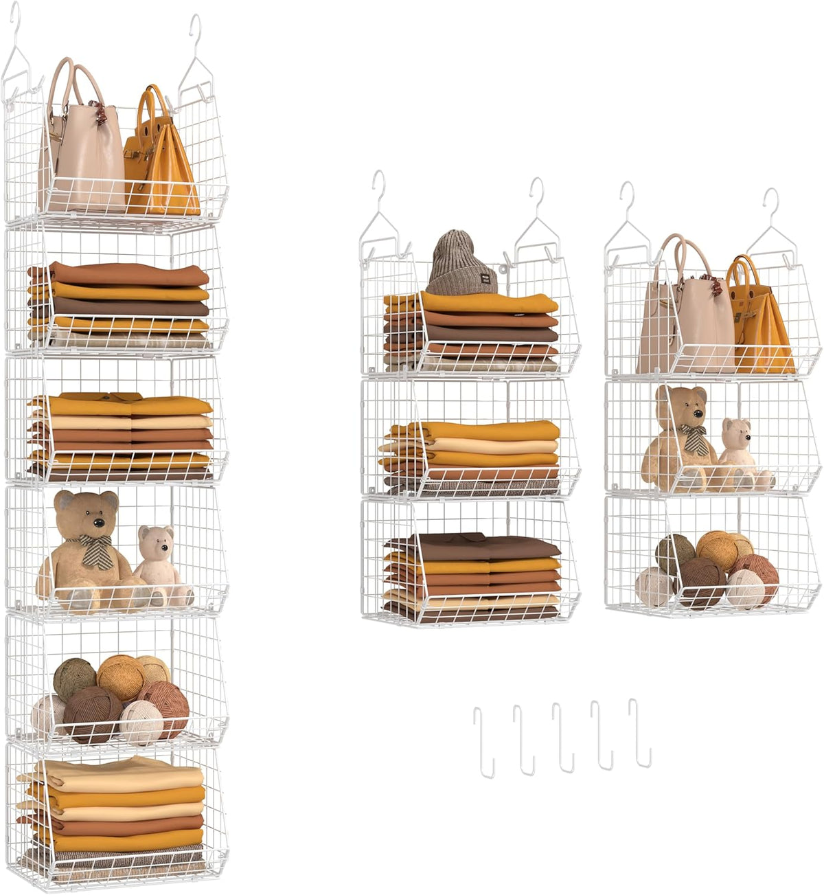 6 Tier Closet Hanging Organizer, Clothes Hanging Shelves with 4 Hanging Hooks 5 S Hooks, Wire Storage Basket Bins, for Clothing Sweaters Shoes Handbags Clutches Accessories Patent Design-Black