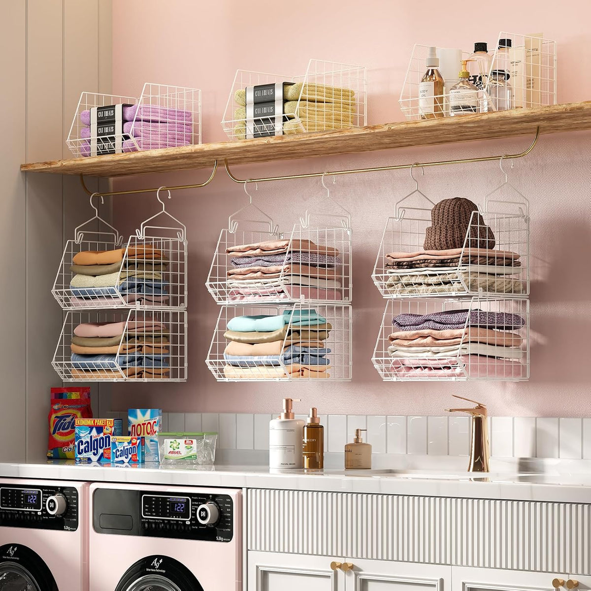6 Tier Closet Hanging Organizer, Clothes Hanging Shelves with 4 Hanging Hooks 5 S Hooks, Wire Storage Basket Bins, for Clothing Sweaters Shoes Handbags Clutches Accessories Patent Design-Black