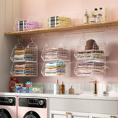 6 Tier Closet Hanging Organizer, Clothes Hanging Shelves with 4 Hanging Hooks 5 S Hooks, Wire Storage Basket Bins, for Clothing Sweaters Shoes Handbags Clutches Accessories Patent Design-Black