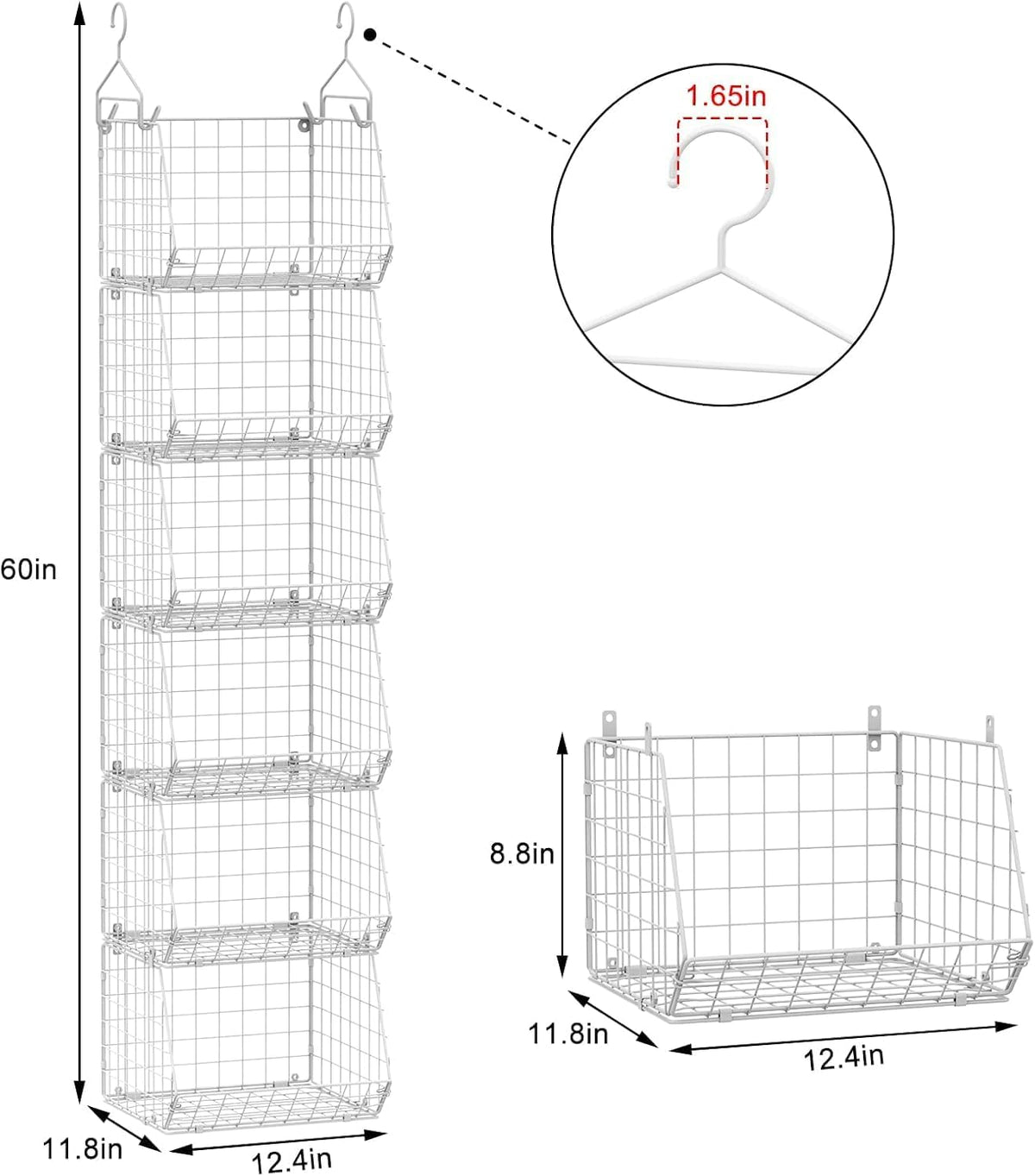 6 Tier Closet Hanging Organizer, Clothes Hanging Shelves with 4 Hanging Hooks 5 S Hooks, Wire Storage Basket Bins, for Clothing Sweaters Shoes Handbags Clutches Accessories Patent Design-Black