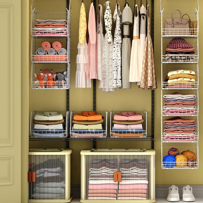 6 Tier Closet Hanging Organizer, Clothes Hanging Shelves with 4 Hanging Hooks 5 S Hooks, Wire Storage Basket Bins, for Clothing Sweaters Shoes Handbags Clutches Accessories Patent Design-Black