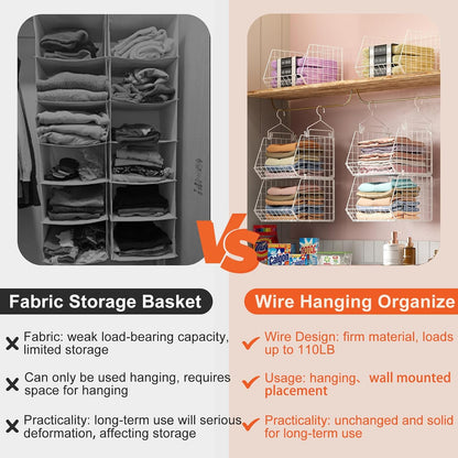 6 Tier Closet Hanging Organizer, Clothes Hanging Shelves with 4 Hanging Hooks 5 S Hooks, Wire Storage Basket Bins, for Clothing Sweaters Shoes Handbags Clutches Accessories Patent Design-Black