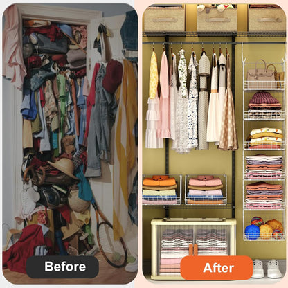 6 Tier Closet Hanging Organizer, Clothes Hanging Shelves with 4 Hanging Hooks 5 S Hooks, Wire Storage Basket Bins, for Clothing Sweaters Shoes Handbags Clutches Accessories Patent Design-Black