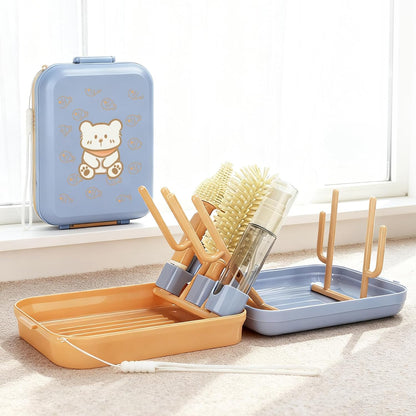 Portable Baby Bottle Cleaning Brush Travel Set with Drying Rack & Silicone Brush - Compact Travel Bottle Brush for Infant Care, Pomelo Orange