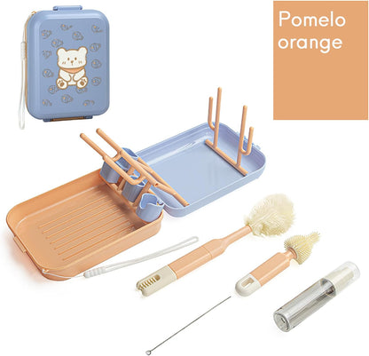 Portable Baby Bottle Cleaning Brush Travel Set with Drying Rack & Silicone Brush - Compact Travel Bottle Brush for Infant Care, Pomelo Orange
