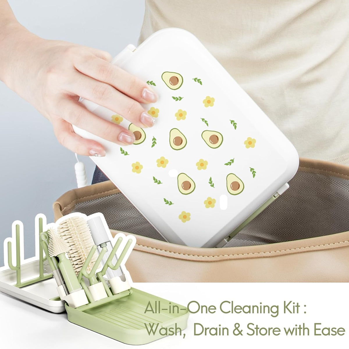 Portable Baby Bottle Cleaning Brush Travel Set with Drying Rack & Silicone Brush - Compact Travel Bottle Brush for Infant Care, Pomelo Orange